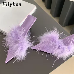 Eilyken Summer PVC Transparent Faux Fur Women Slippers Fashion Open Toe Ladies Shoes Low Heels Slides Footwear