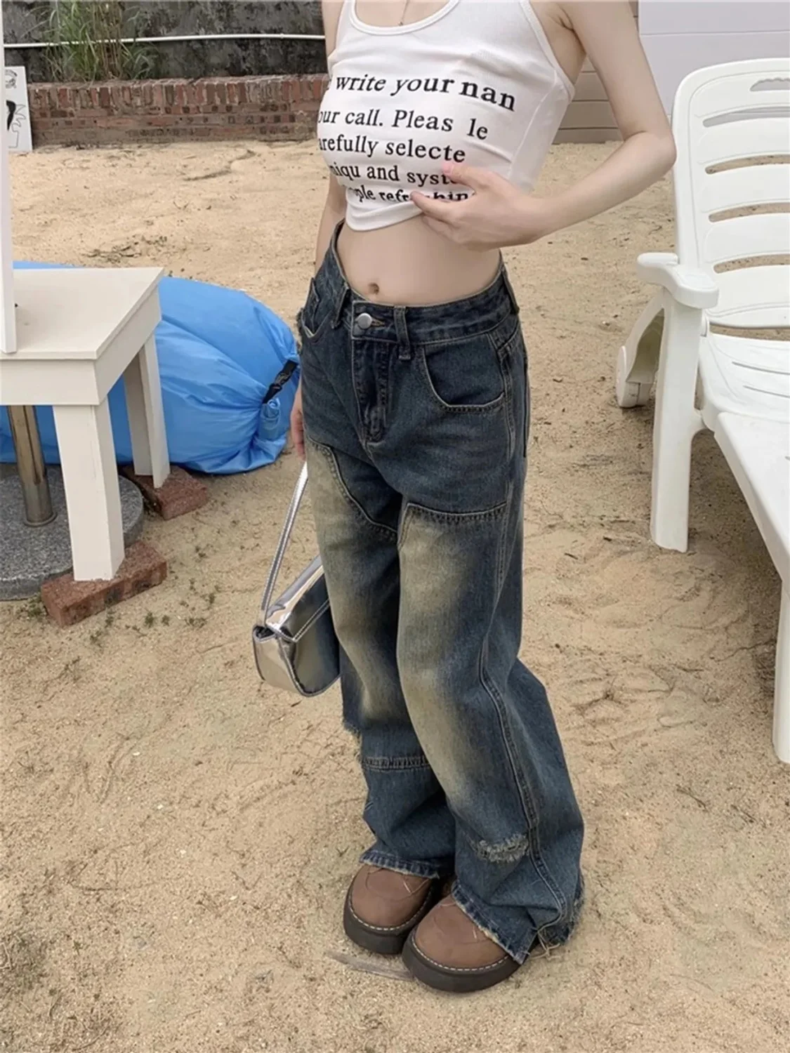 

Джинсы для девочек Y2K, женские рваные джинсы, черные, модные, в корейском стиле, винтажные, с высокой талией, мешковатые, с широкими штанинами, бойфренд, Harajuku, эстетика