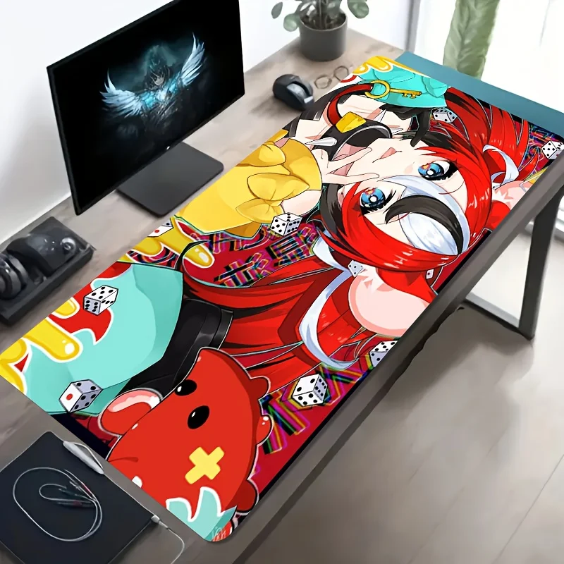 

XXL Anime Mouse Pad, Red Hair Girl and Dice Art, Non-Slip Rubber Gaming Mat with Washable Surface