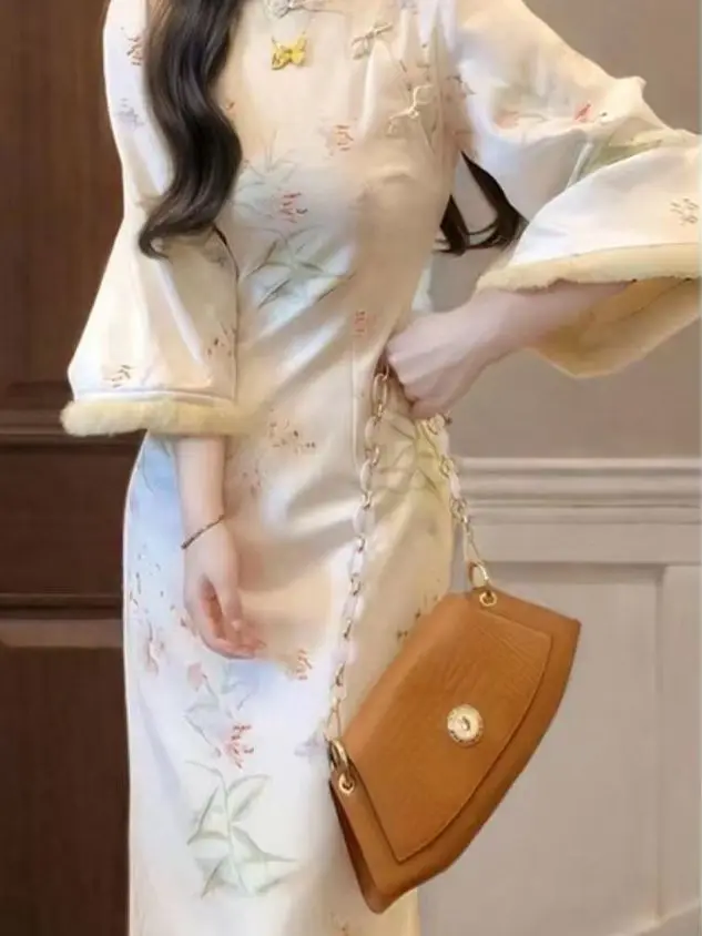 New Chinese Sle Young Women's Long Sve Bodycon Dr Autumn Winter New Version Qipao Skirt Pure Color Waist Cinched