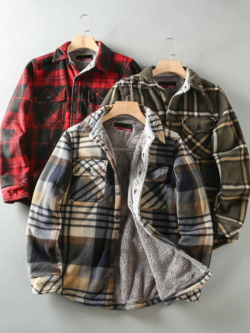 

Thickened Fleece Warm Autumn Winter Men's Plaid Shirt Jacket Casual Loose Long Sleeve Button up Warmth Youth American Style