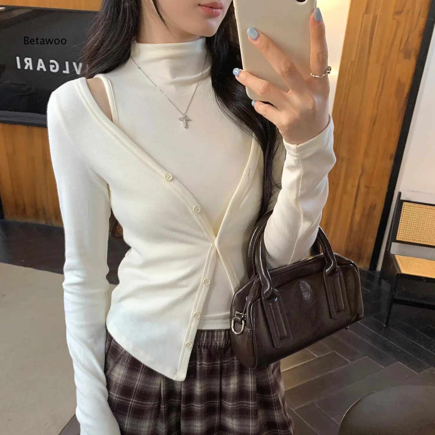 Grey Mock Neck Long Sleeve Buttoned Cardigan and Cami Set