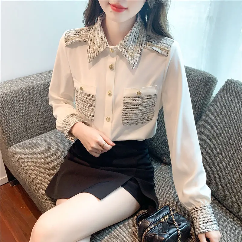 Spring Woman Clothes Long Sleeve Shirt Chiffon Blouse Trend Fashion Office Lady Simplicity Elegant Formal Pocket Buttons Korean