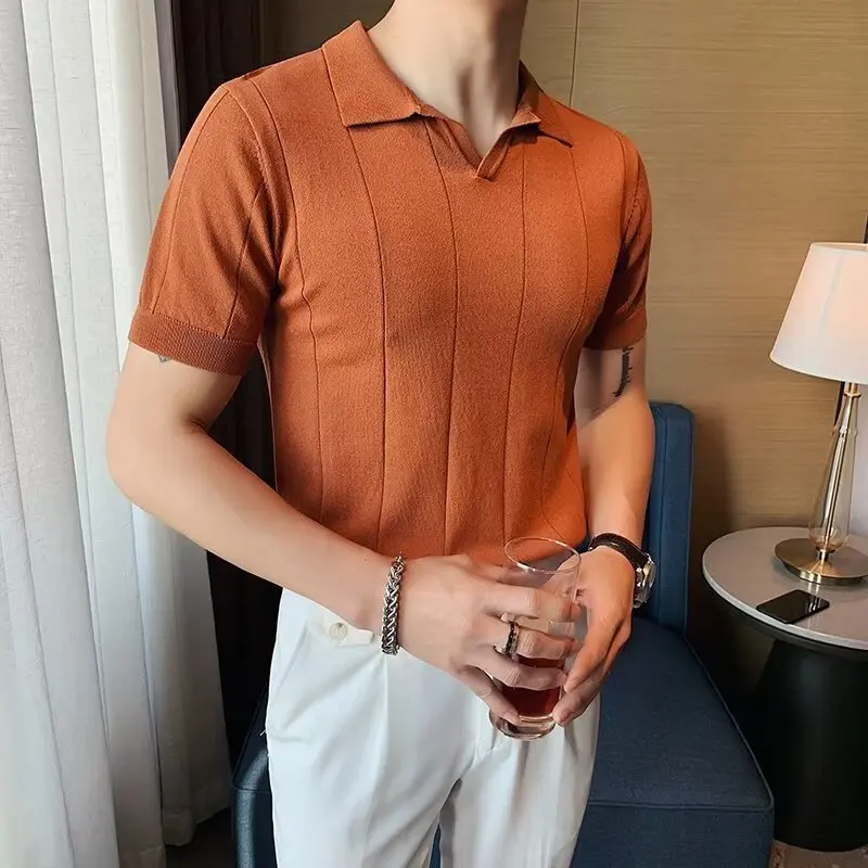 Ice Silk Slimfit Business Tshirt Mens 2025 Short Sleeve Cleanfit Citywalk T-Shirt Non-fading PU Leather Nine-point Sleeve