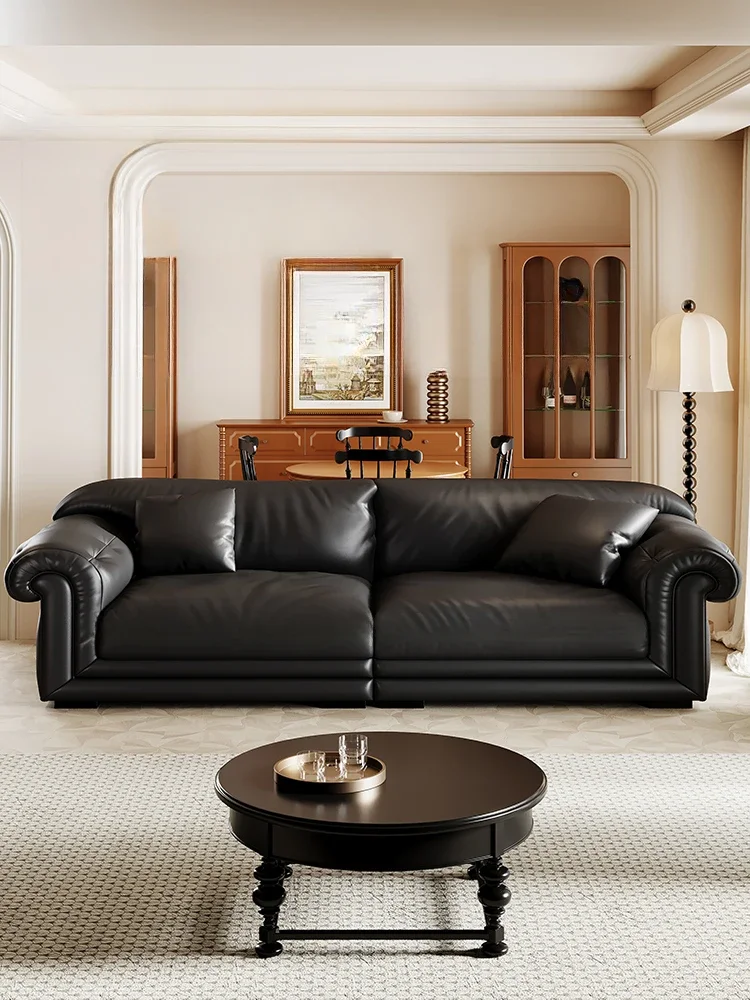 Modern simple leather sofa, first-layer cowhide large apartment double, black straight row combination office