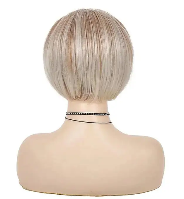 Natural Looking Blonde Wig with Bangs Short Straight Bob Wigs for Women 10 Inch Synthetic Hair Replacement Wigs