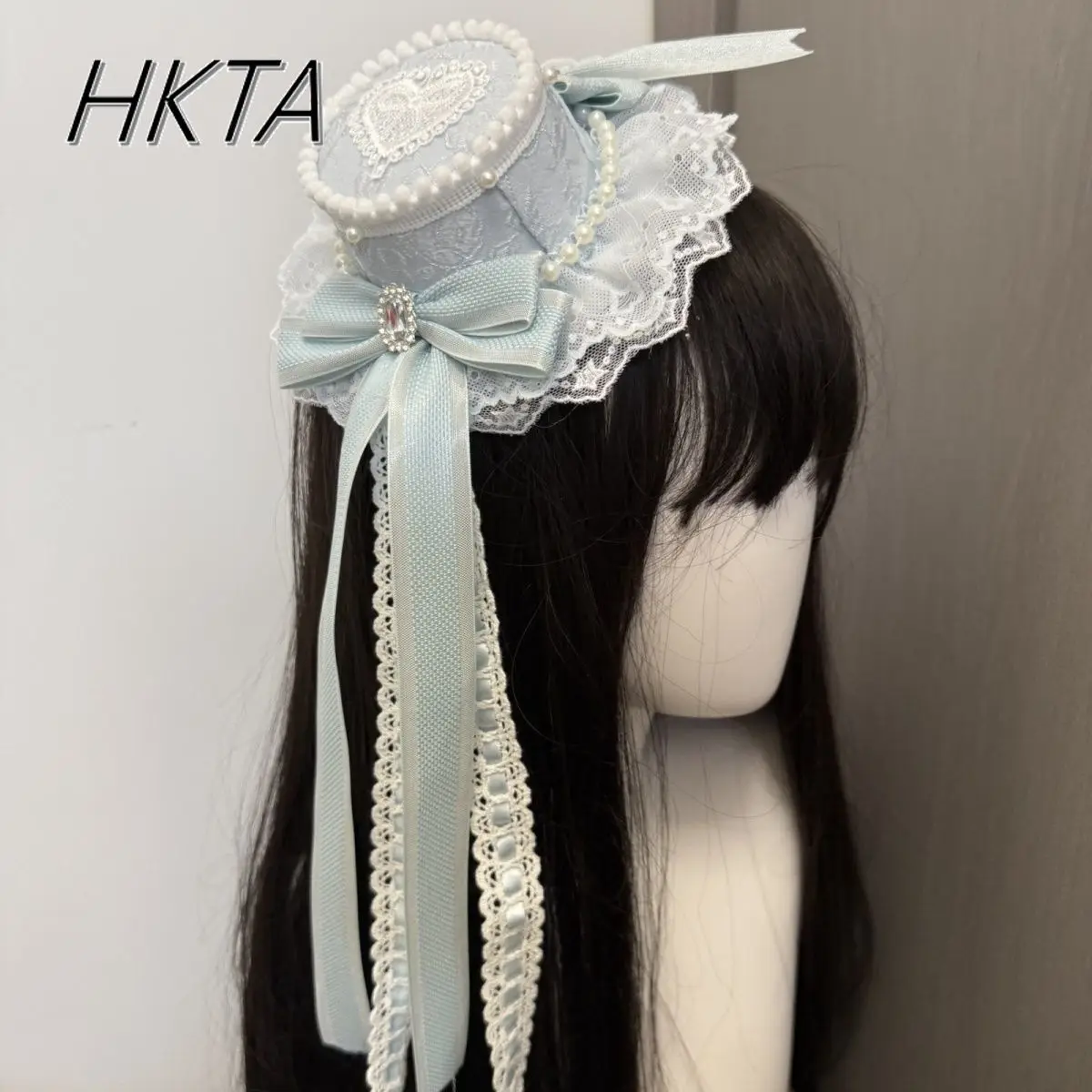 

Sweet and Cute Gorgeous Lace Bow Strap Light Blue Hair Clip Women Kawaii Summer Pearl Accessories Lolita Headgear Hats Hairclips