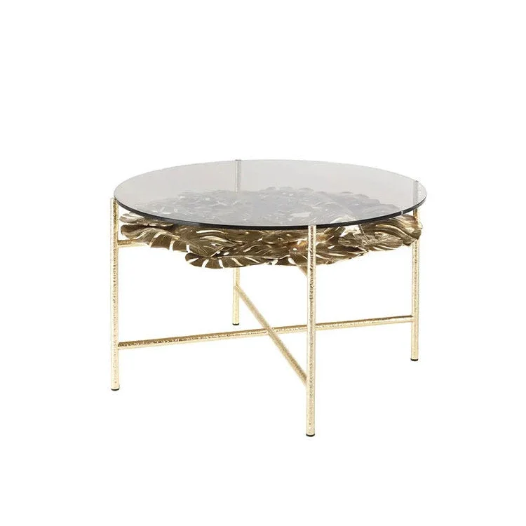 Coffee table with solid copper and brass frame and tempered glass top, suitable for families