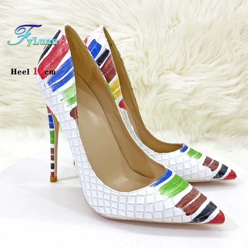 

Graffiti Style Party High Heels 8CM 10CM 12CM Fashion Women Shoes Crocodile Embossed White Pointed Toe Pumps Plus Size 44 45 46