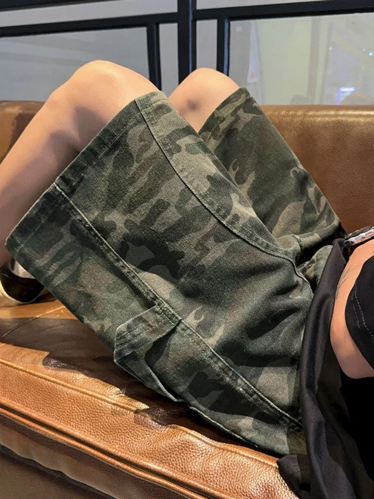 Casual Camouflage Denim Shorts Men's Summer Trendy Loose Workwear Five-Point American High Street Vibe Pants Loose Mid-Length
