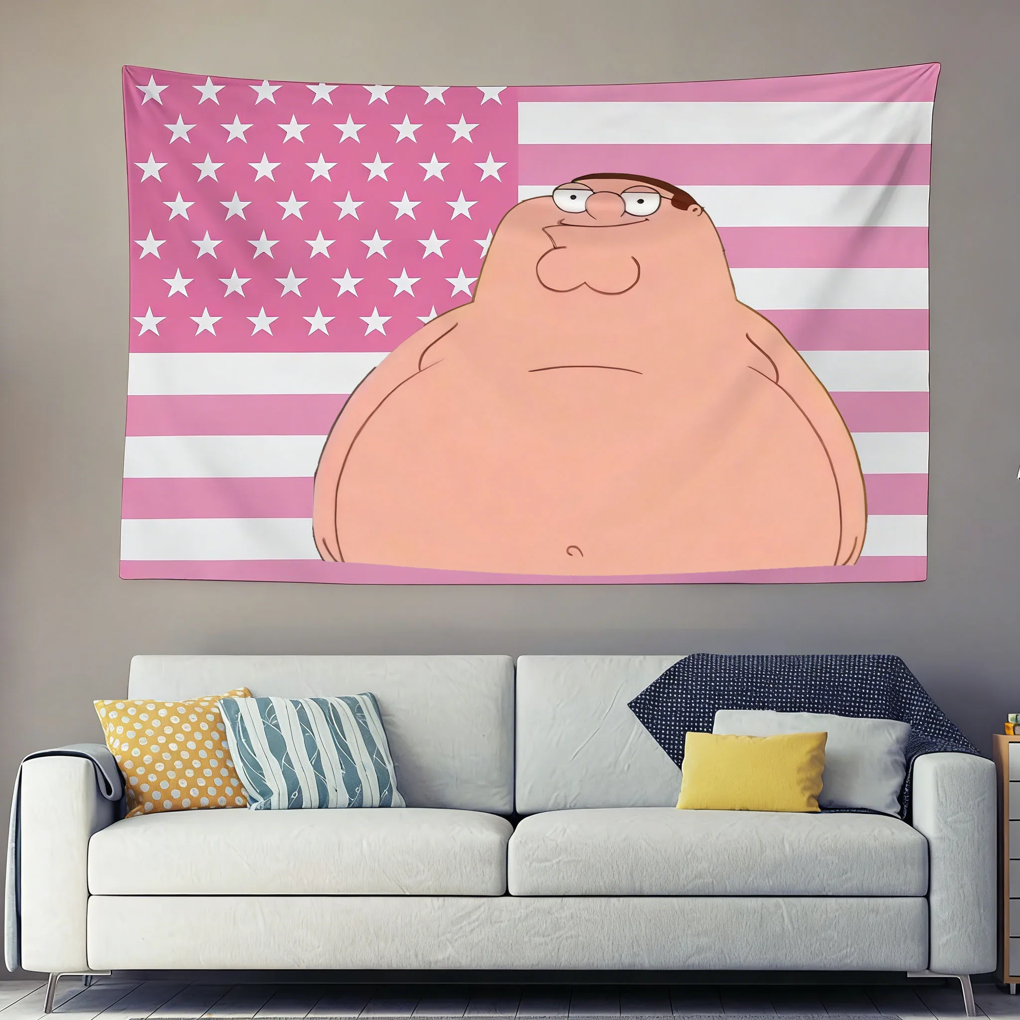 New Peter Griffin Theme Cartoon Printed Tapestry Pink American Flag Wall Hanging Aesthetic Wall Decor for Dorm  Bedroom