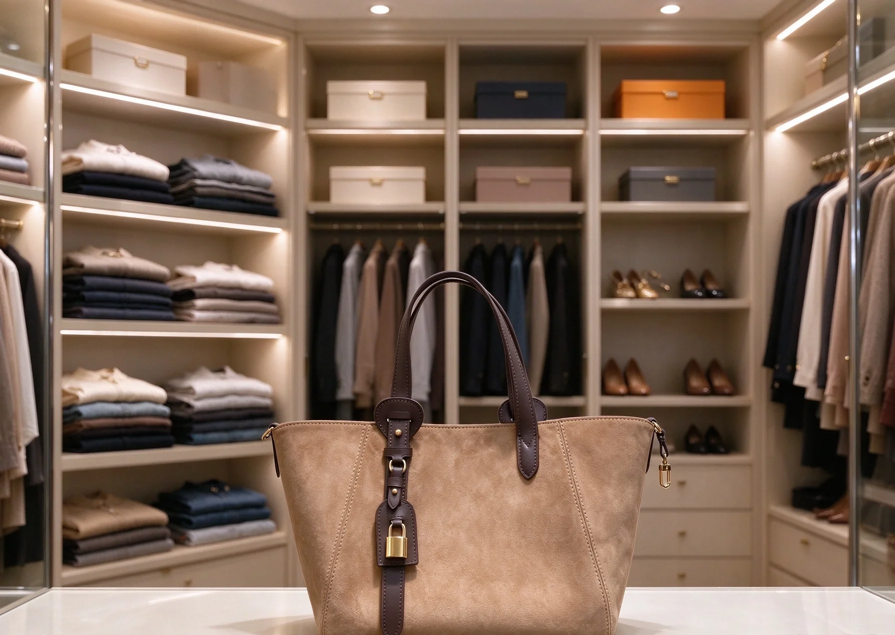 Beige Suede Tote Shopping Bag, Contrast Dark‑brown Leather Trim With Lock Decor