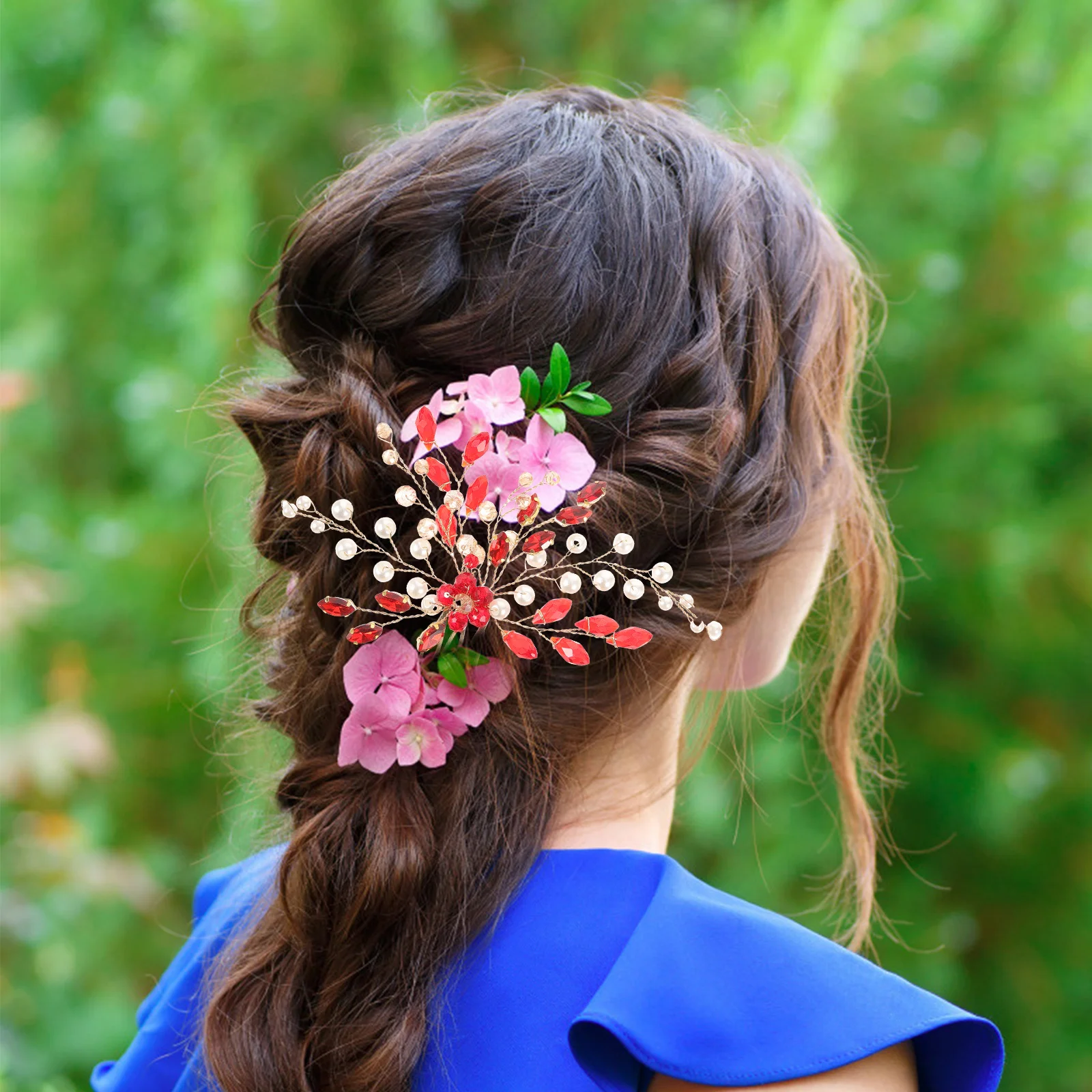 

Red Bride Hair Accessories Romantic Elegant Clip Rhinestone Pearl Side Comb Hairpiece Wedding Prom Girls Women