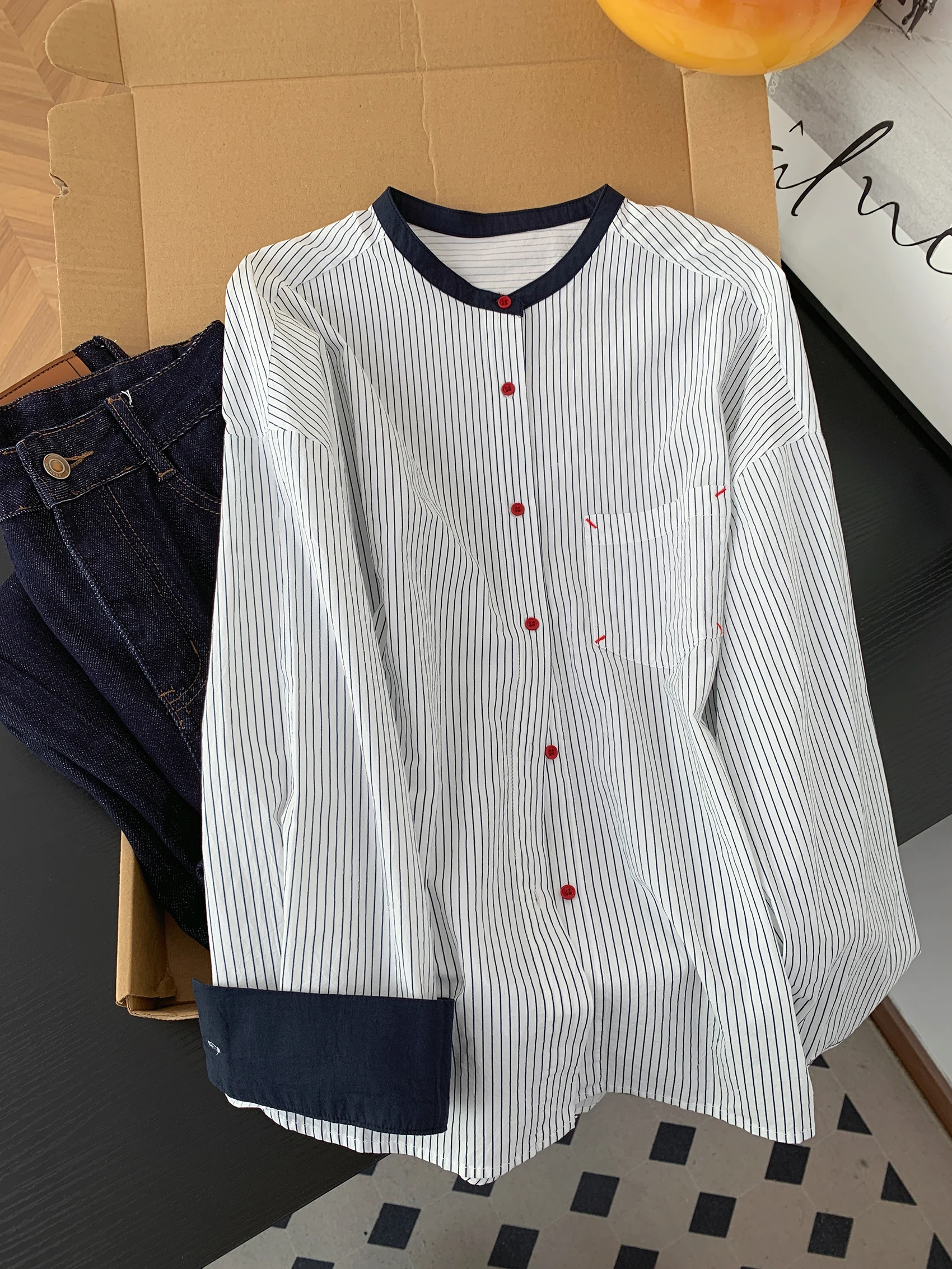 Loose Women's Long Sve irt Jaet Casual Stripe Color Blo Cotton Spring Autumn Top Comfortable Fit Versatile Leisure Wear