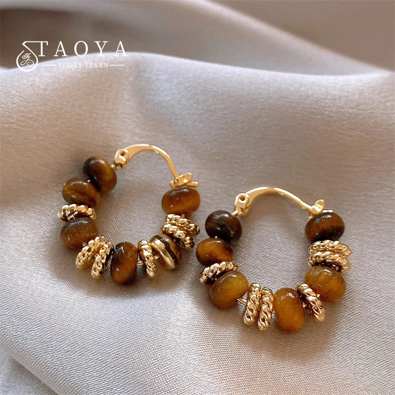 French Vintage Tiger Eye Stone Beaded Gold Color Hoop Earrings 2024 Fashion Jewelry Wedding Party Elegant Accessories for Women