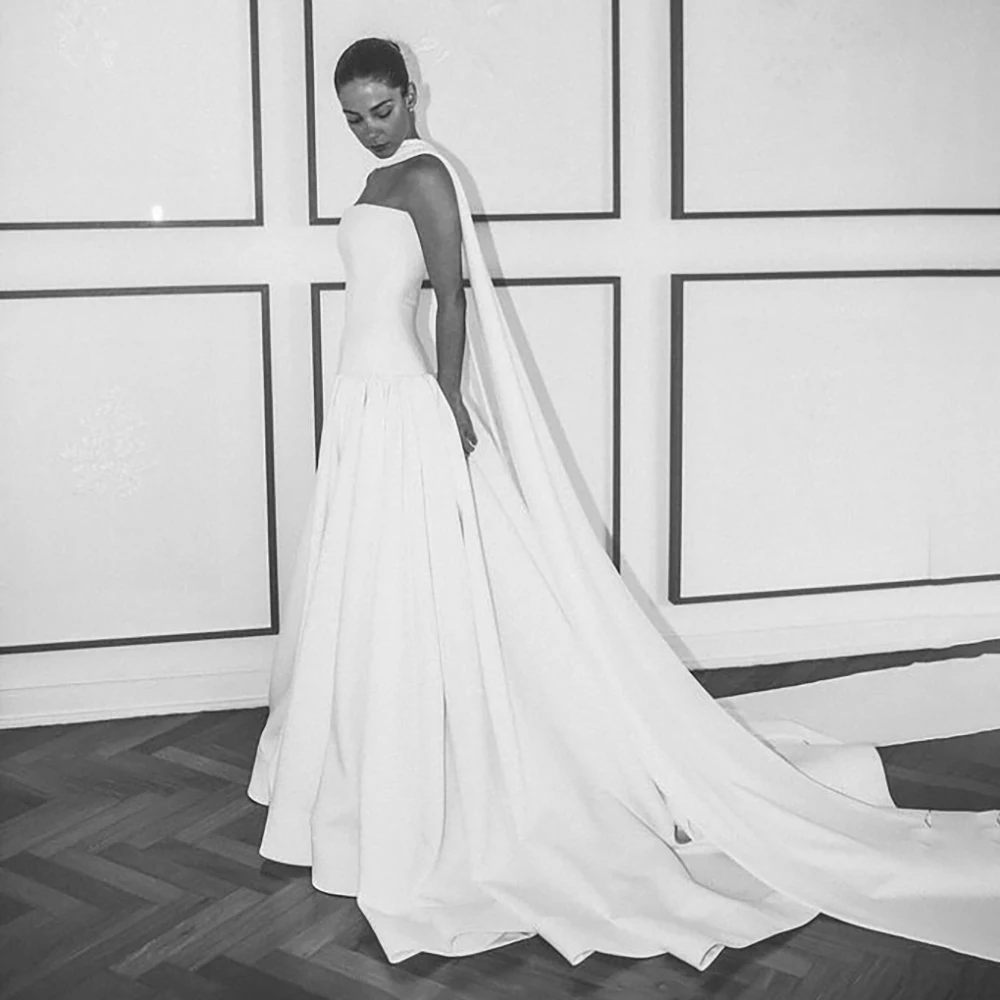 Vestido de novia sencillo con corpiño unido en la cintura caída, bufanda con cuello, joya de satén, vestido de baile de novia fruncido sin tirantes personalizado