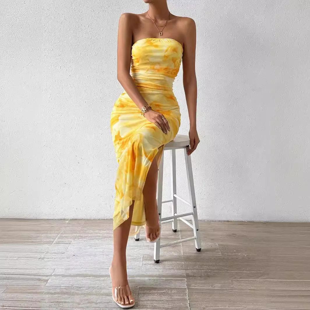 European and American Mesh Floral Pleated Sexy Tight Fitting Slit Strapless Strapless Strapless Long Dress