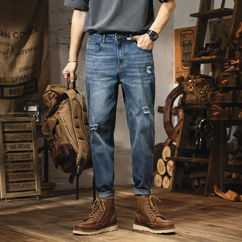 Pantalones vaqueros rasgados elásticos para hombre, Jeans elásticos ajustados hasta el tobillo, talla grande 46, 44, 42, 40