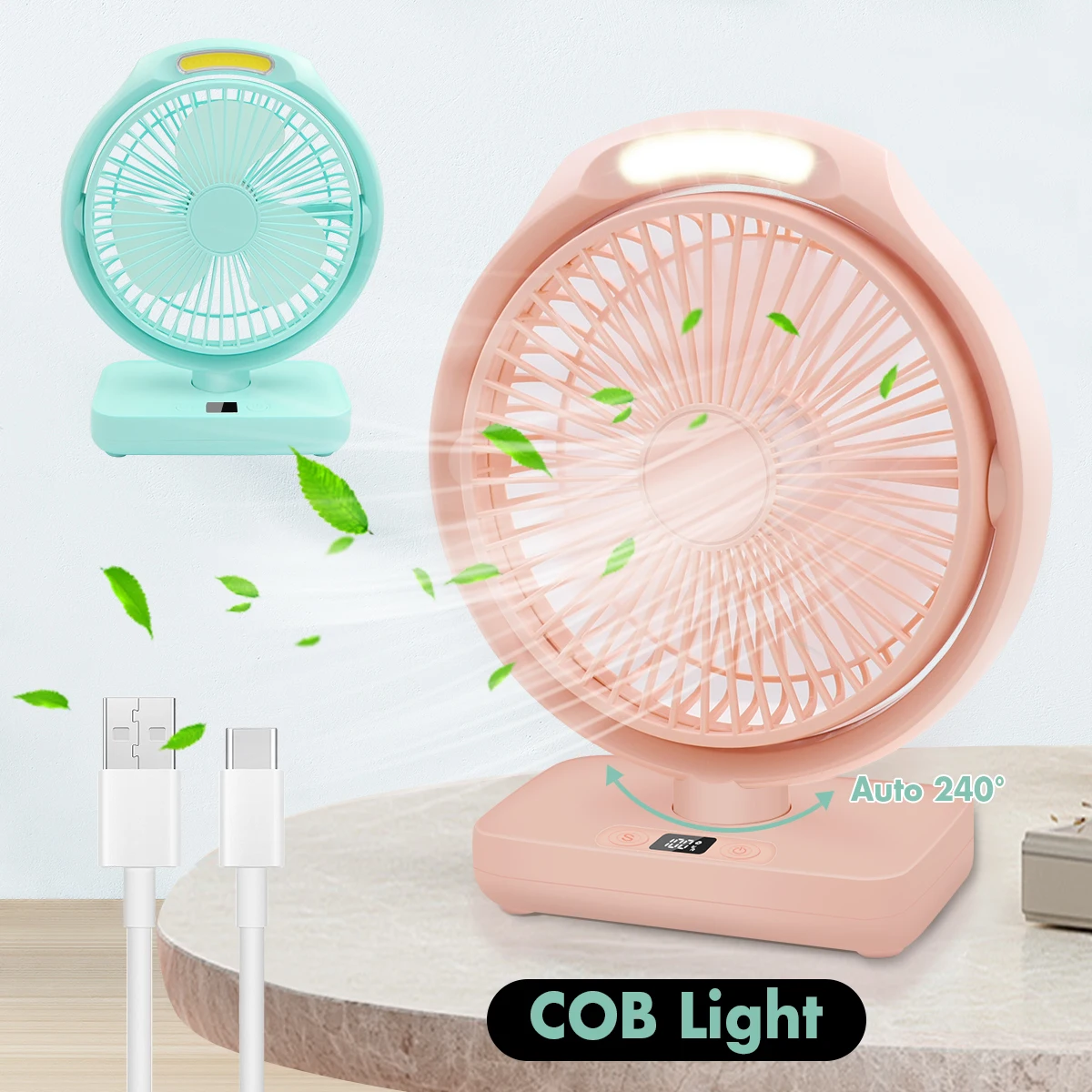 

COB Fan Light With 4 Speed Rechargeable Fan Lights Dual Adjustable Angle Desktop Air Circulate Fan For Home Office Camp Hiking