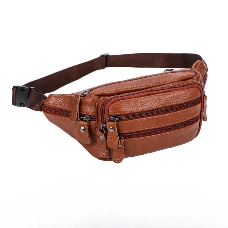 Large Capacity Waterproof Real Genuine Leather Men's Waist Bag Cowhide Male Zipper Site Workers Travel Phone Bag