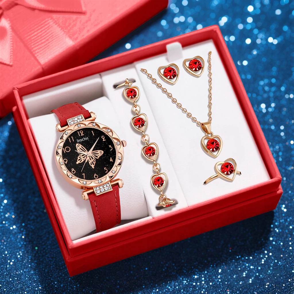 6PCS Sweet, Simple, Fashionable Women's Watch PU Leather Strap Quartz Watch with Necklace Accessories Set