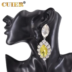 CUIER Clip on 9cm Amazing Yellow Pendant Drop Earrings for Women SS38 Rhinestones Shiny Glass Top Quality Accessories for Man