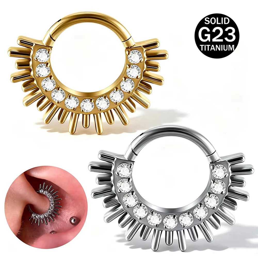 1PC G23 Titanium Sun Ray Hinged Segment Clicker 16G Pronged Round CZ Sun Rays Cluster Helix Daith Hoop Earrings Piercing Jewelry