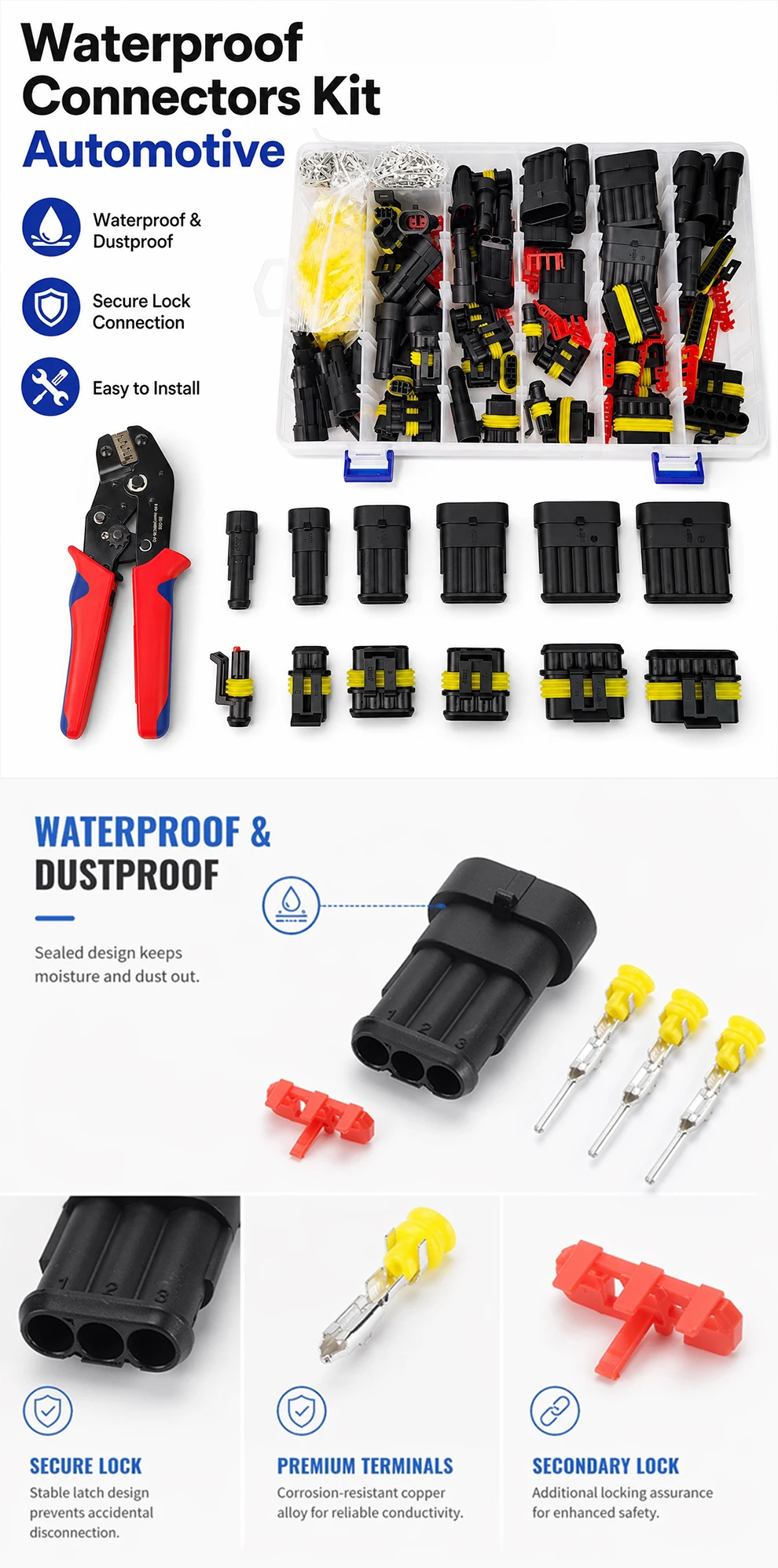 AMP Waterproof Auto Wire Connectors Kit 96/100/192/300/254/622PCS Box 1-6 Pin Male-Female Quick Plug Socket Vehicle Wiring Seal T&I Online Store