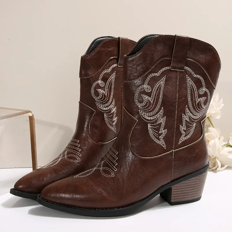 Retro Brown Embroidery Western Cowboy Boots Women Plus Size Thick Heels Ankle Boots Woman Pointed Toe Slip On Short Booties