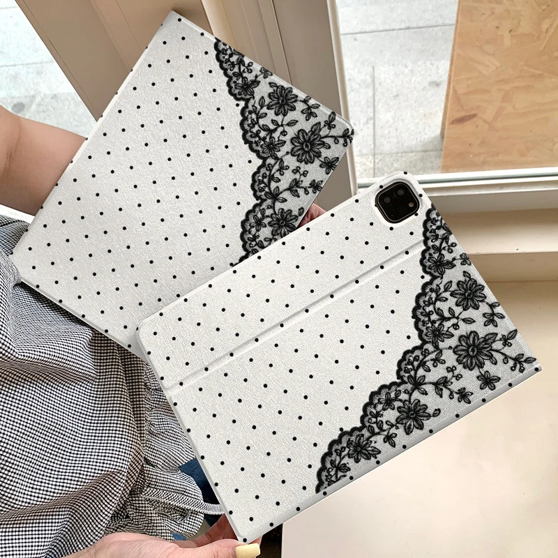 Simple Black Polka Dot Lace Book Style Tablet Case For iPad Pro 11 12.9 13 A16 M2 M4 M3 M5 5/6/7/8/9/10/11th Mini Air 3 4 Cover