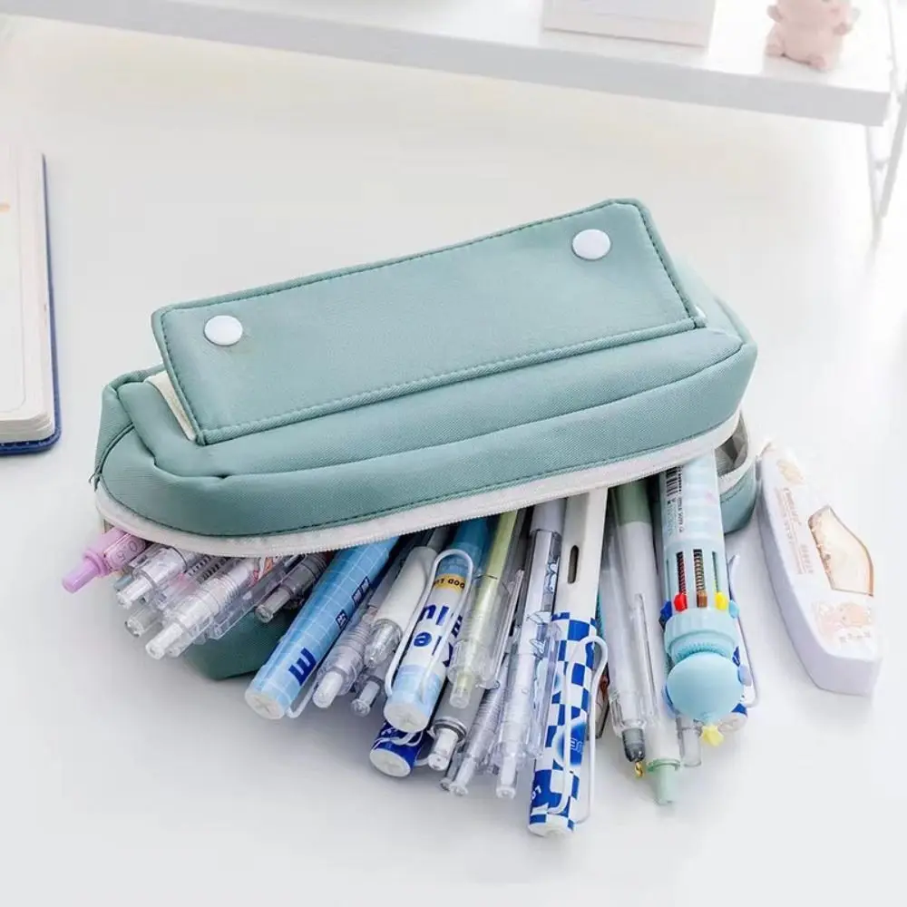 Large Capacity Student Pencil Case Flip Style Morandi Color Simple Pencil Pouch Press Button Canvas Gel Pen Organizer Kids