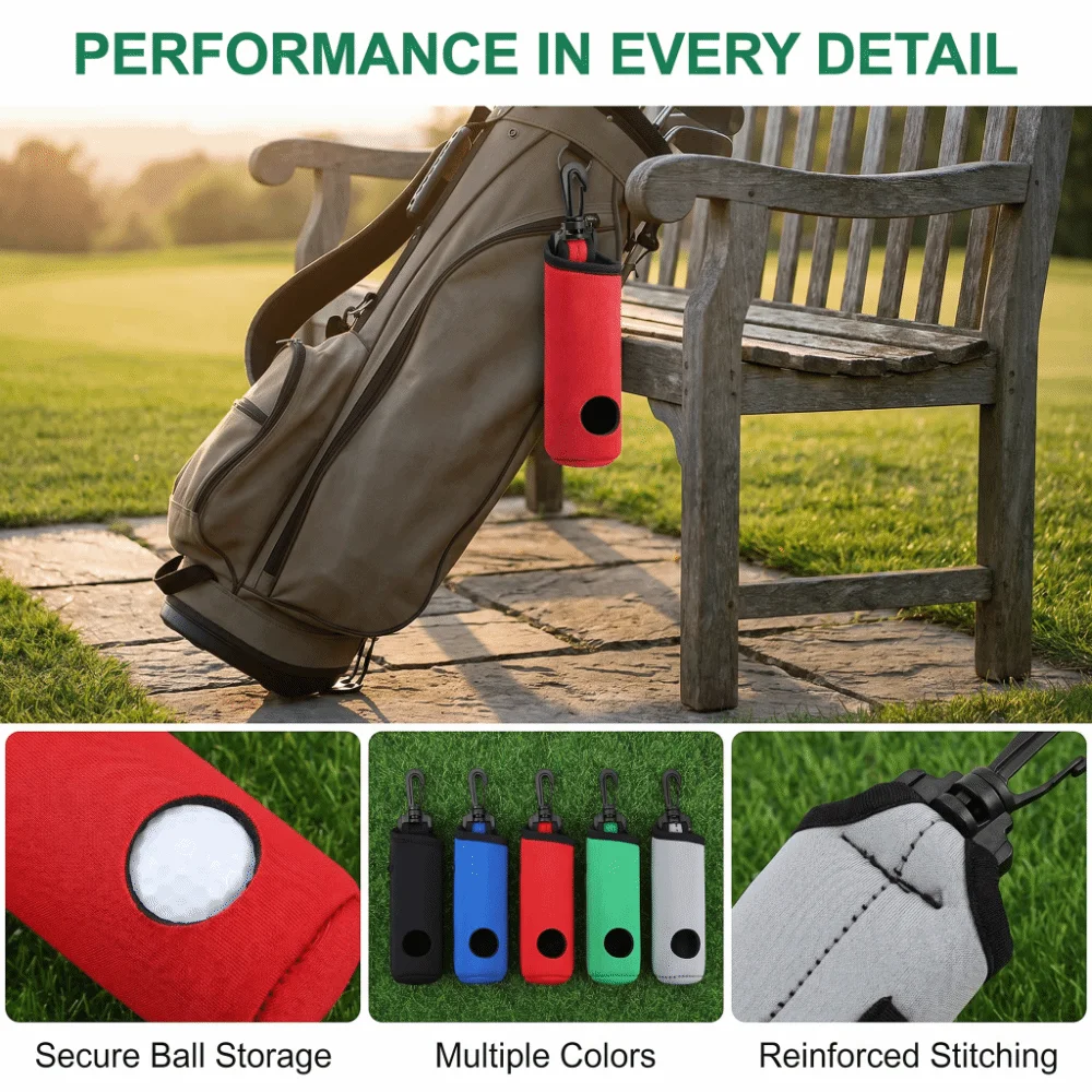 Cylindrical Shape Golf Ball Carry Bag Hanging Design Stitched Edges Golf Ball Pouch Soft Texture Lightweight Build