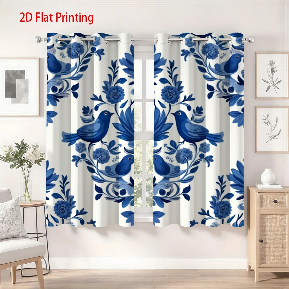 2pcs Blue & White Floral Bird Pattern Curtains - 2D Flat Printing, Semi-Transparent Polyester Fabric, Grommet Top for Easy Hangi