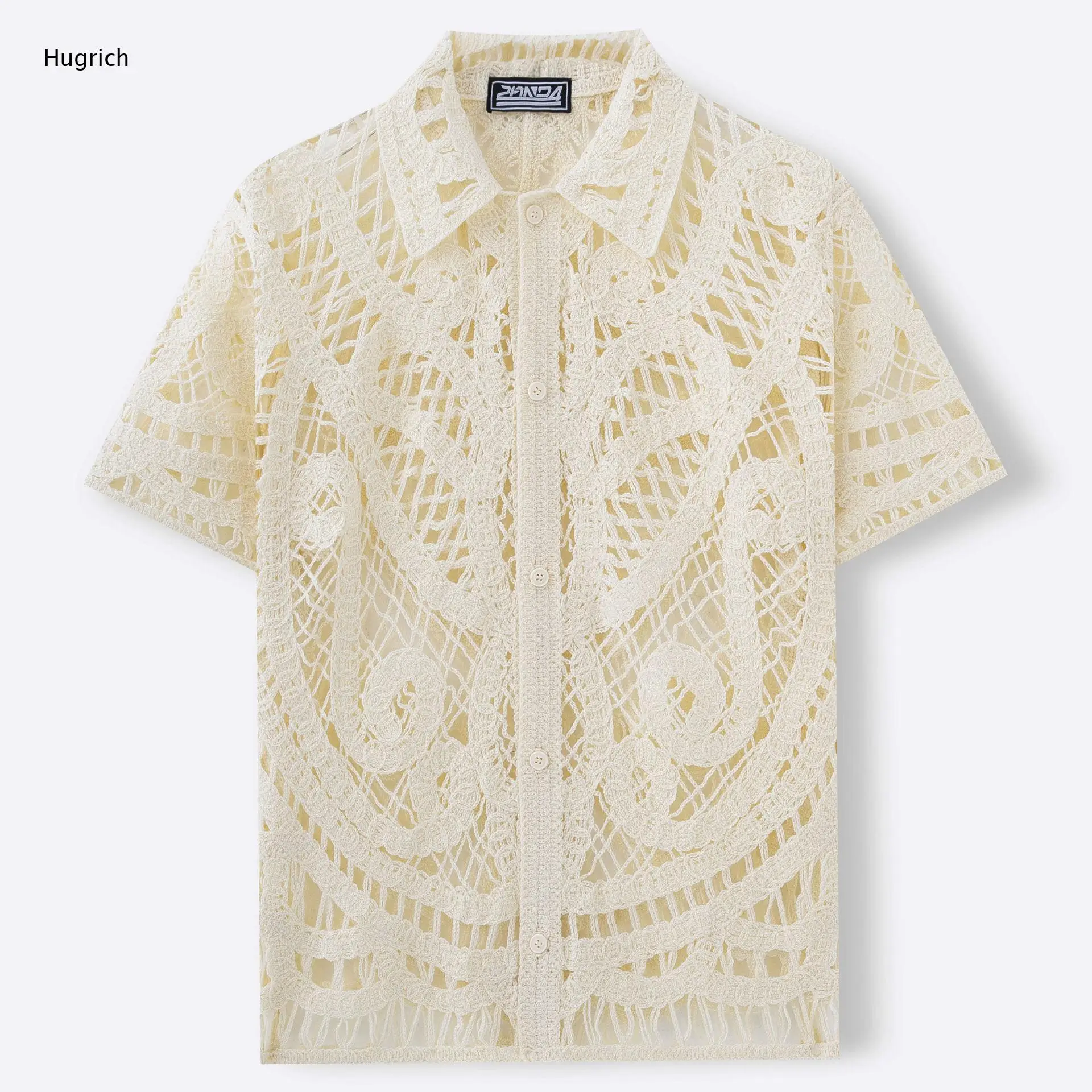 Men's Breathable All-Over Floral Crochet Lace Openwork Camp Collar Short Sleeve Shirt
