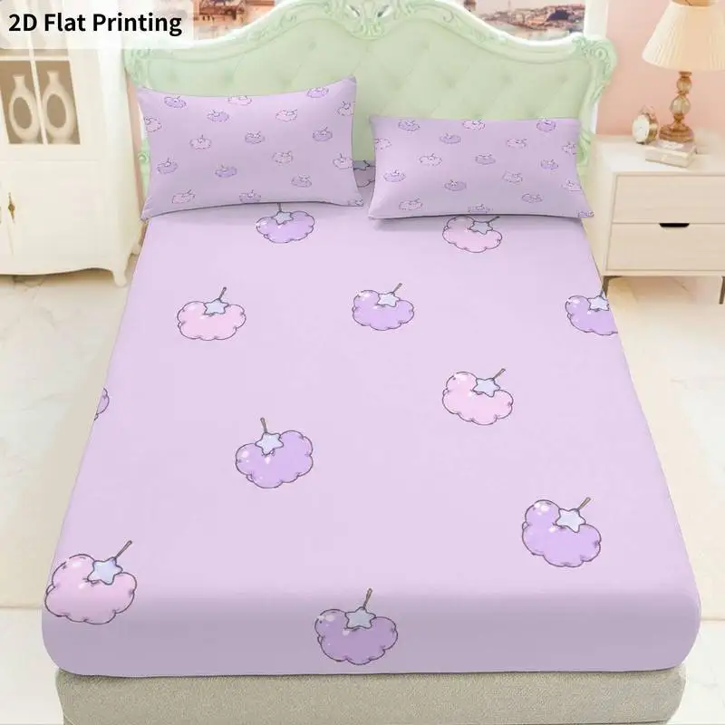3Pcs Lavender Cherries Fitted Sheet Three Piece Set (1*Fitted Sheet + 2*Pillowcases, Coreless), Bedding Set.