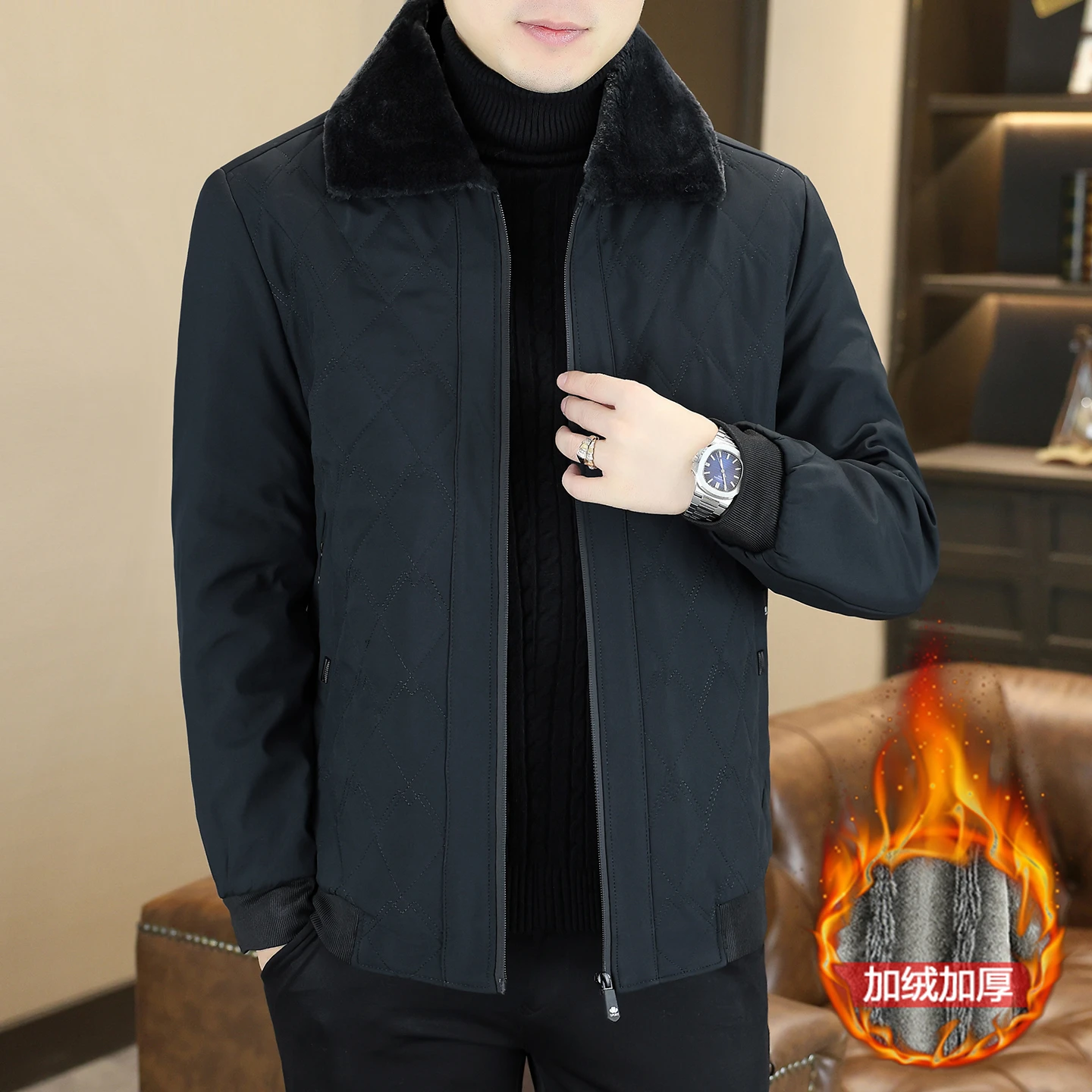 Middle-aged dad's thickened and fleece coat men's jacket cotton-padded clothes for middle-aged and elderly people in winter