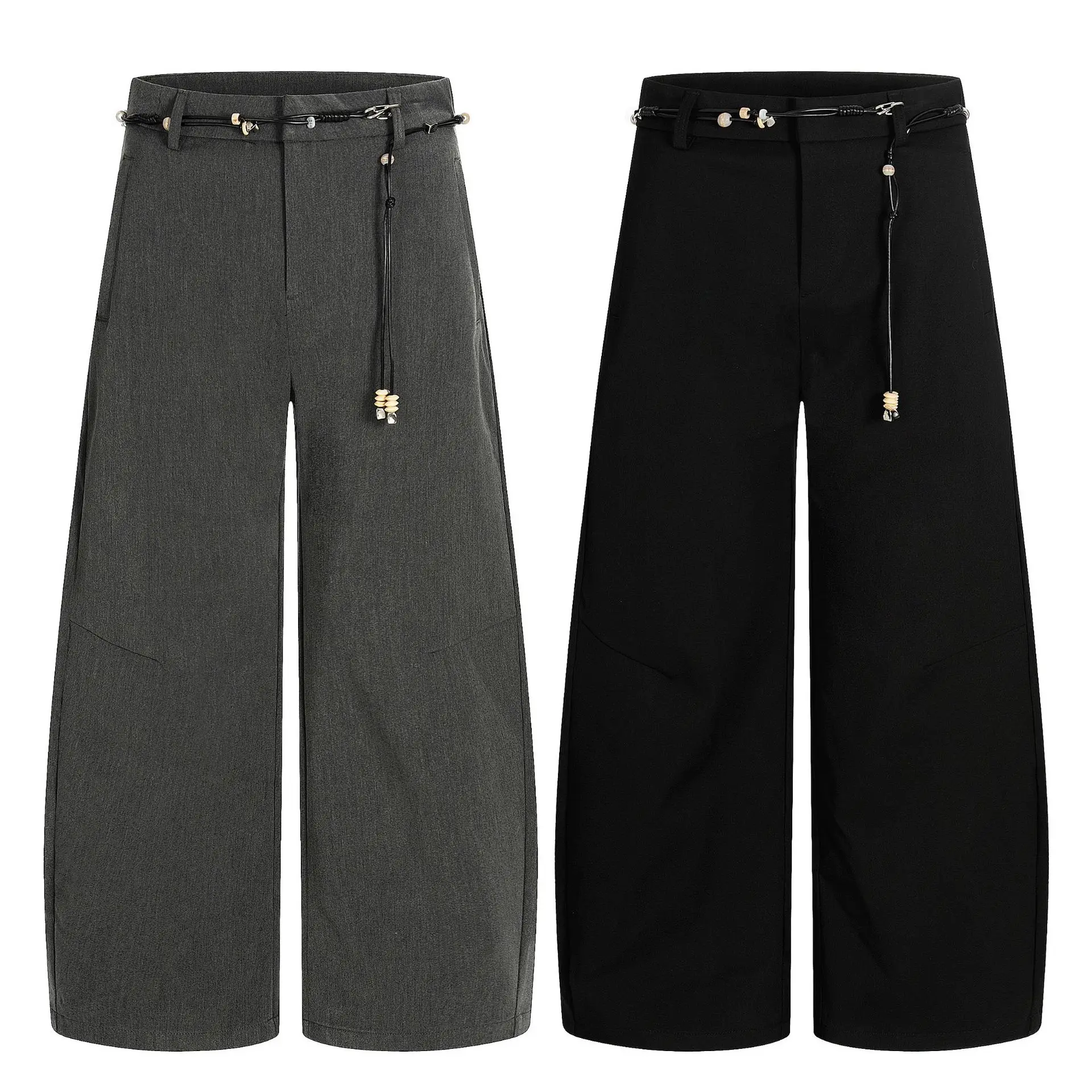 American Style Fashion Vintage Men Black Grey Solid Color Casual Trendy Loose Wide Leg Floor Length Trousers Male Pants Clothes