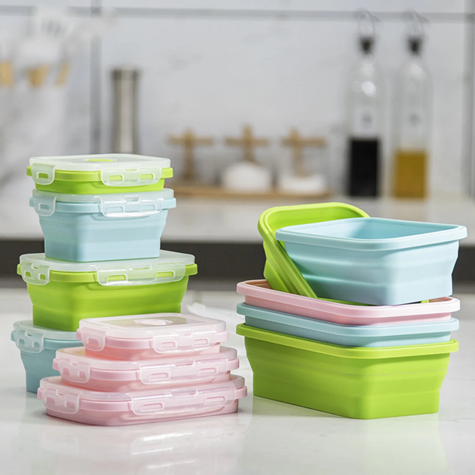 Silicone Lunch Box Food Grade Foldable Container Microwave Safe Portable Bento Box for Office School Travel Reusable Gear