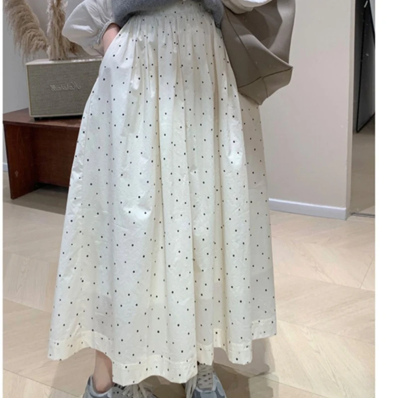 Fresh White Polka Dot Half Length Long Skirt with Elastic High Waisted Design for Spring and Summer Chic and Elegant Woman Skirt