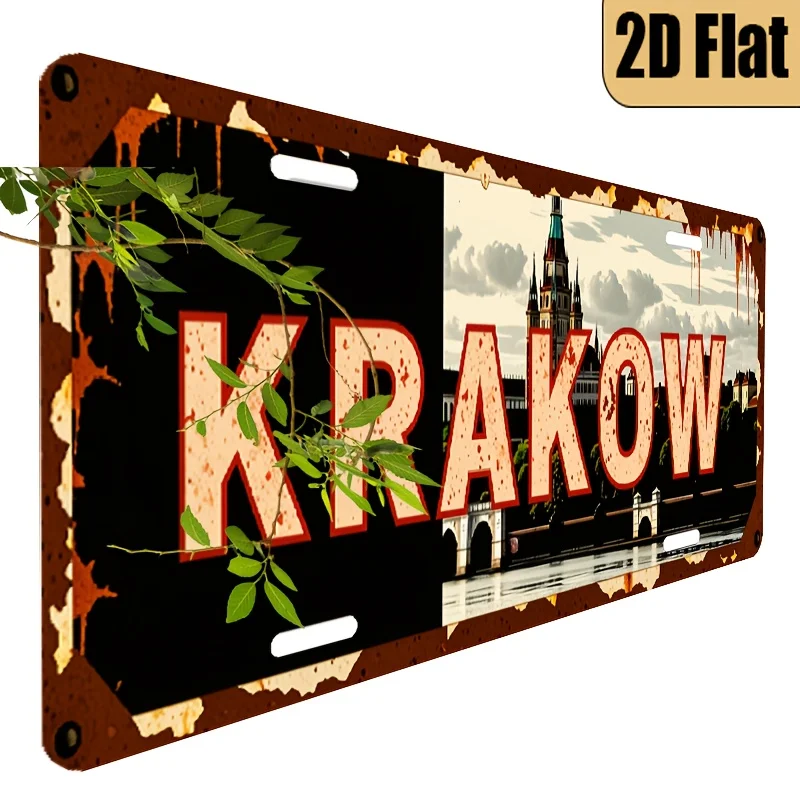 1pc Vintage Krakow Poland License Plate - European Cityscape Design with Red Text, 6x12 Inch (15x30cm) Aluminum Metal Sign for H