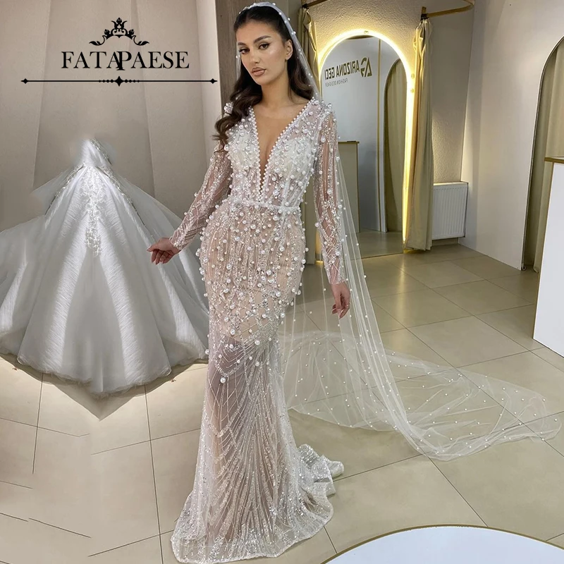 

FATAPAESE Customzied Fully Pearls Stones Sequins Bodice Luxury Wedding Dress V-neck Mermaid Floor-length Gown Fully-Gem Bride