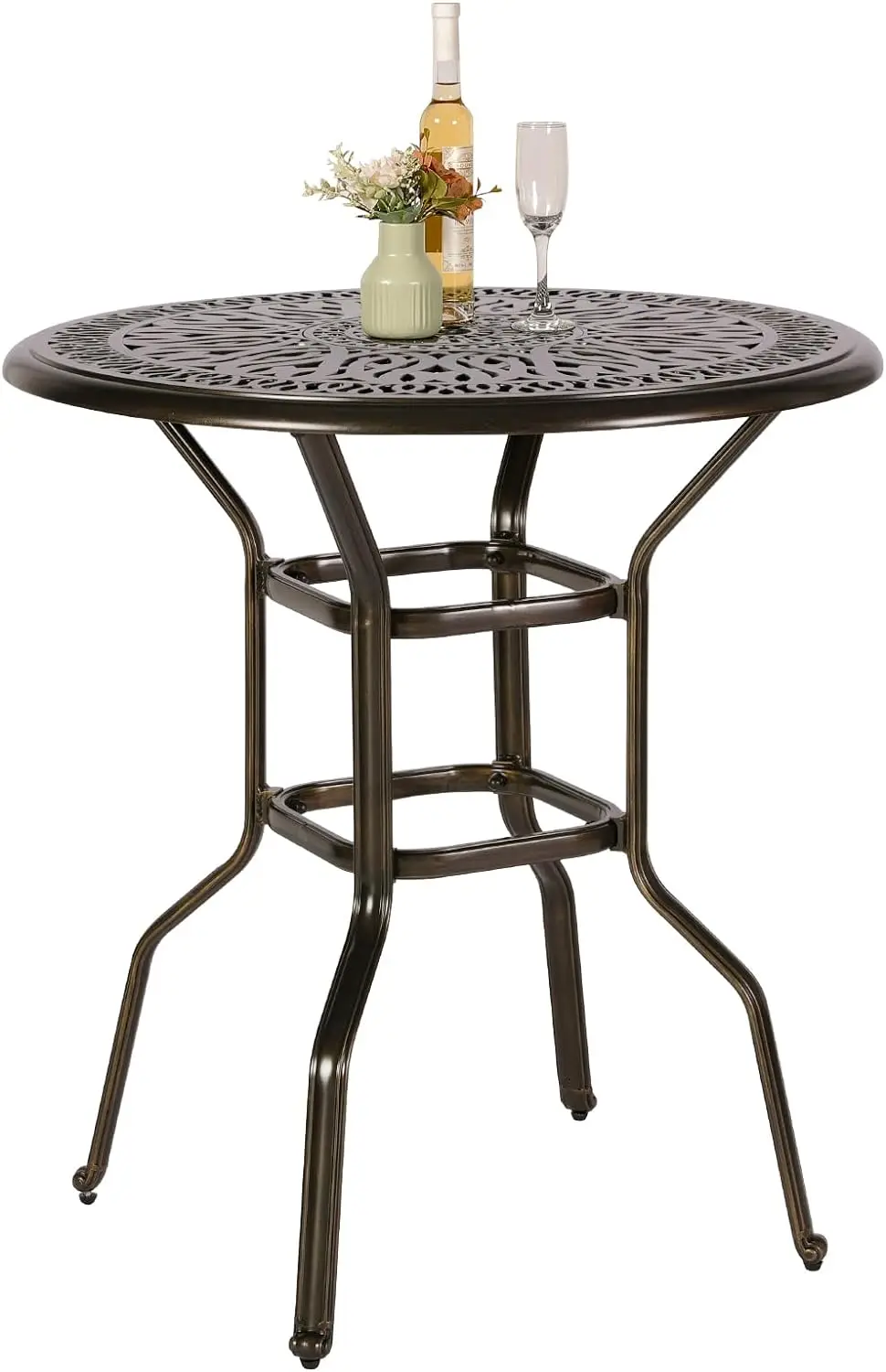 

Patio Height Bar Table, Cast Aluminum Bar Bistro Table Outdoor Patio Round Dining Table with Umbrella Hole Antique Bronze