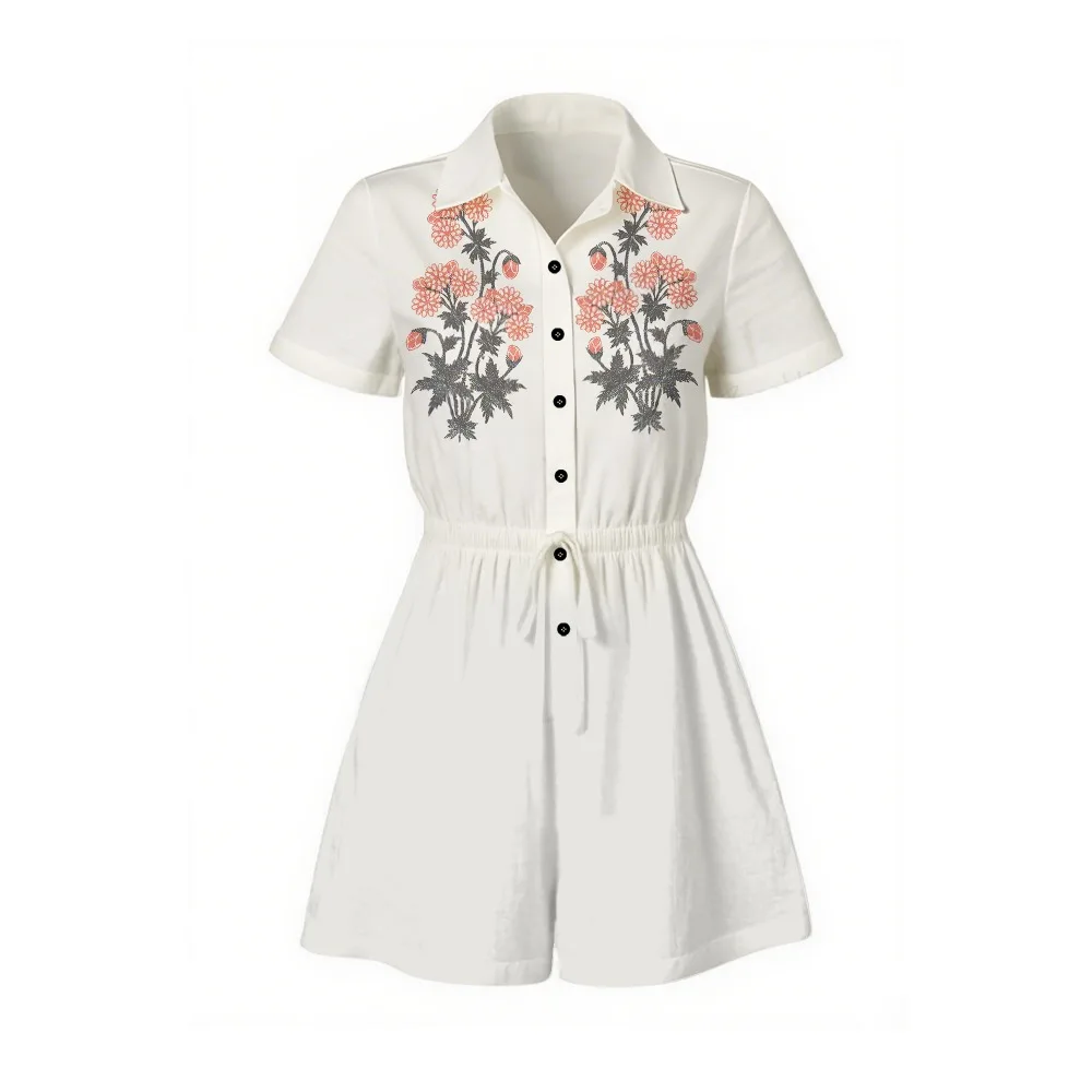 

Women's Short Sleeve Floral Cotton Jumpsuit Vintage-Inspired Floral Romper Lightweight & Drawstring Waist Chic Summer Outfit