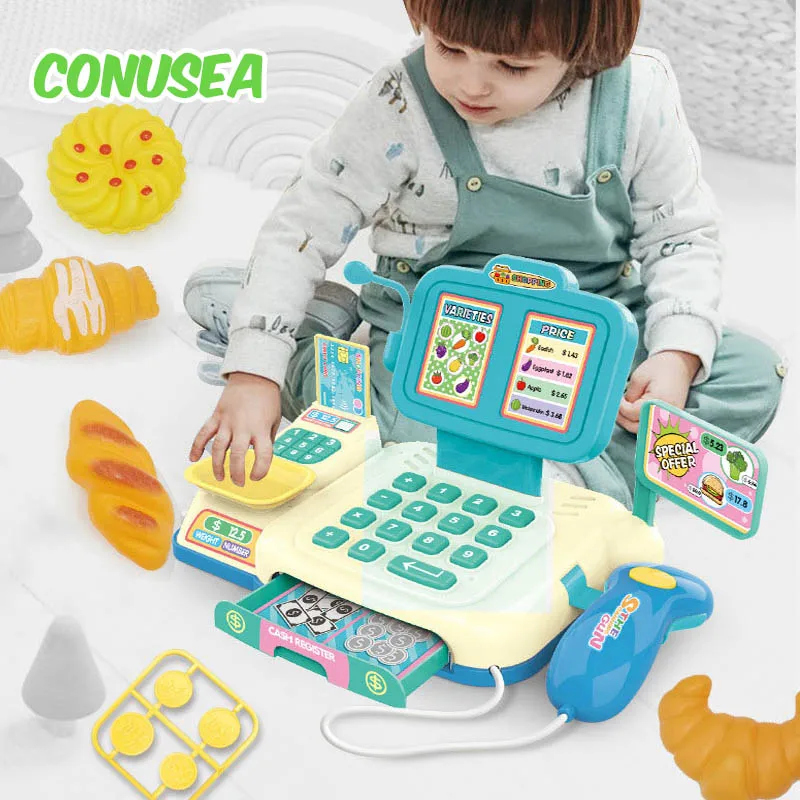 Children's Toy Cash Register with Calculator Lights Sounds Pretend Play Supermarket Shop Cashier Registers Store Girls Gifts