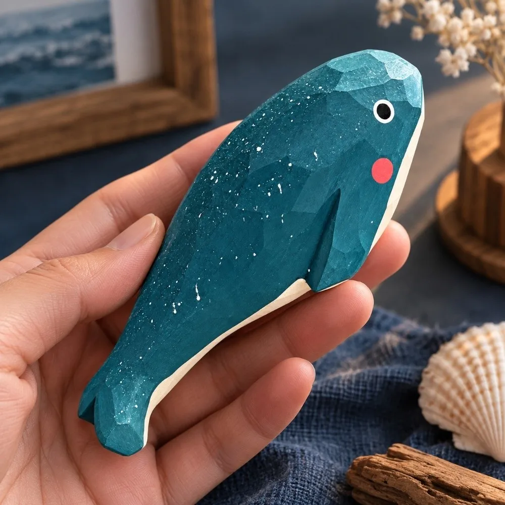 Cute Blue Color Hand Carved Figurine Handmade Craft Miniature Style Wooden Whale Statue Home Desk Decor Home Decoration