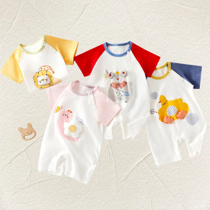 2026 Summer Cute Baby Bodysuit 3M-2T Girls Animal Pattern Pink Short Sleeve Romper Toddler Boys Soft One Piece Clothes
