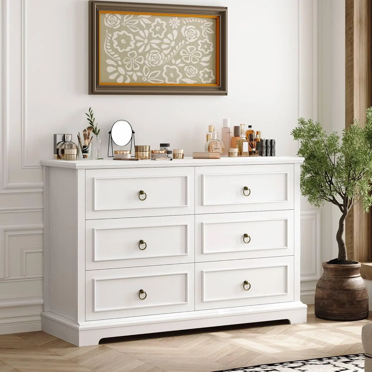 6 Drawers Dresser, White Chest of Drawers, Wide Wood Double Dressers, Modern Farmhouse Storage Dresser for Living Room, Entryway