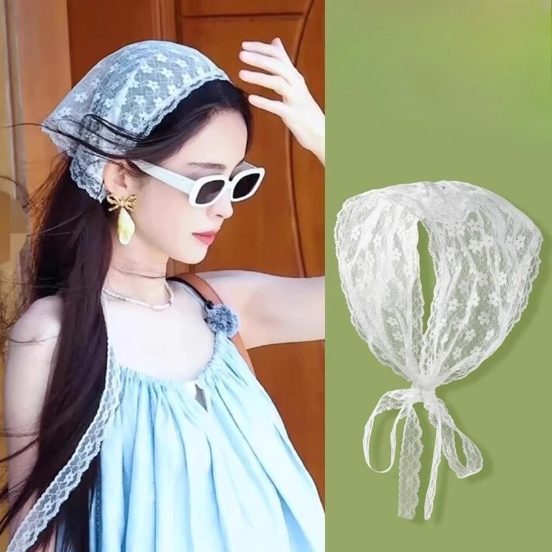 

White Summer Woven Floral Lace Hair Scarf Wraps Women Retro Triangle Headscarf Hat Travel Photo Headband Hair Accessories
