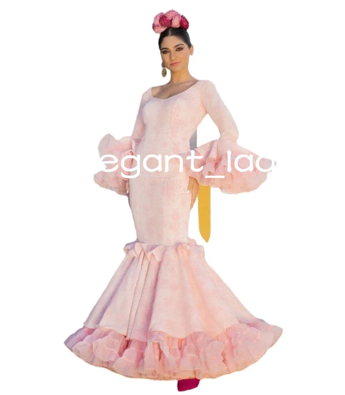 Vestido de fiesta de sirena de manga larga con volantes de encaje, vestido de tren de flamenco, vestido de noche español, Rosa