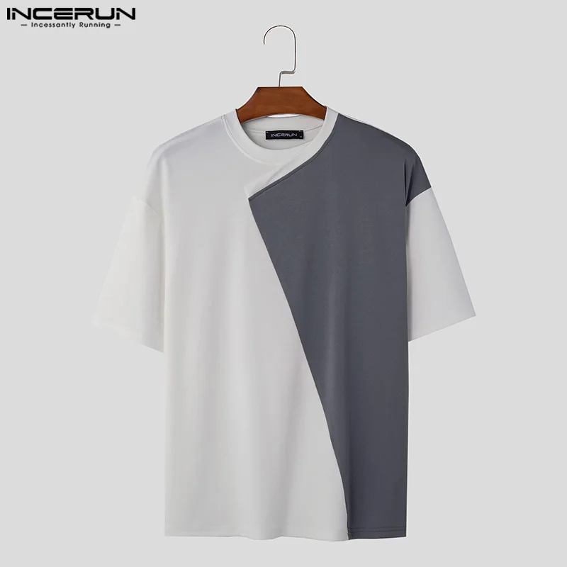 INCERUN Tops 2024 Korean Style Handsome Men\'s O-neck Irregular Patchwork T-shirts Casual Streetwear Short Sleeved Camiseta S-5XL